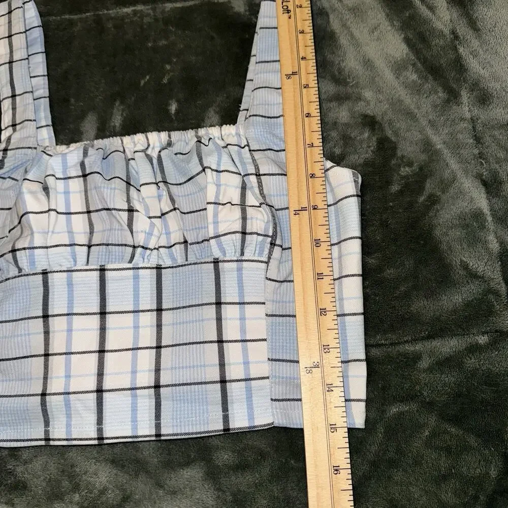 Forever 21 Crop Top Women's Small Blue Plaid Square Neck Smock Back Cottagecore - Picture 4 of 7